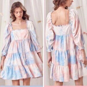 Storia Pastel Tie Dye Tiered Babydoll Dress M Pink Blue Purple Ruffle Coquette